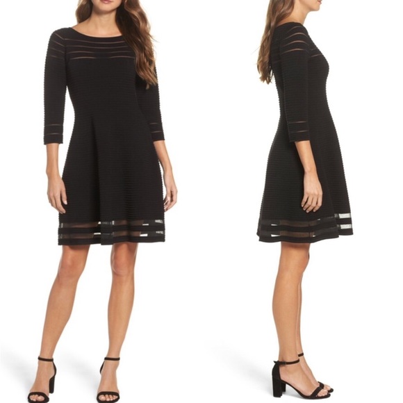 NWT Eliza J Black Mesh Striped Fit & Flare Sweater Knit Dress - M - Picture 1 of 15